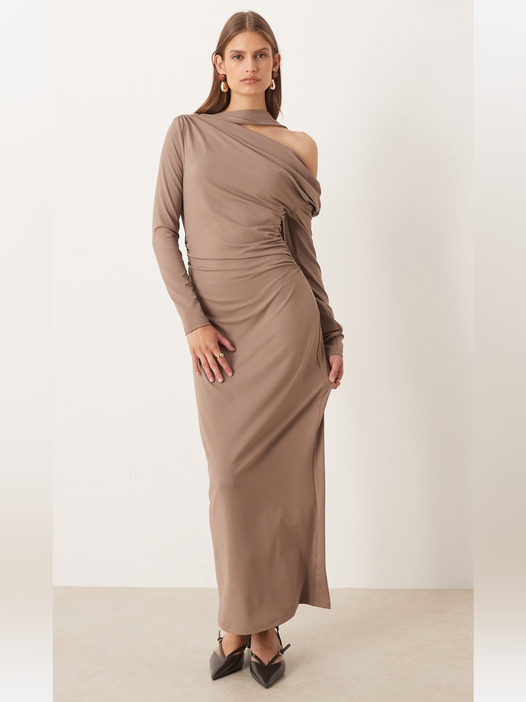 Asos Design Fallen Shoulder Midi Dress With Neck Tie In Camel
